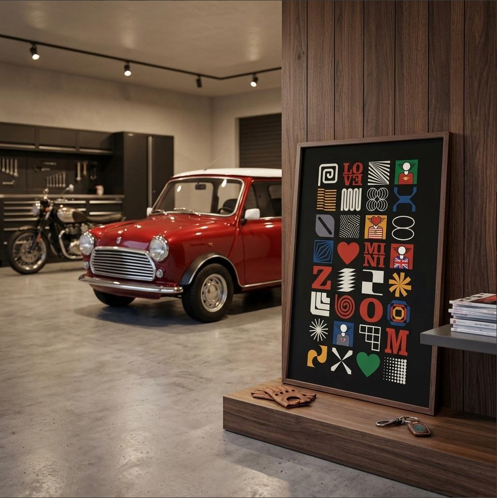 A framed art print featuring a grid of colorful abstract symbols and geometric patterns on a black background, leaning against a dark wood-paneled wall in a modern garage setting with a red classic MINI Cooper car in the background.