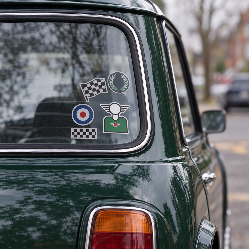 MINIhead sticker on a Mini side window among club stickers
