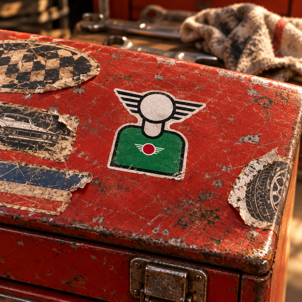 MINIhead sticker on a worn garage toolbox